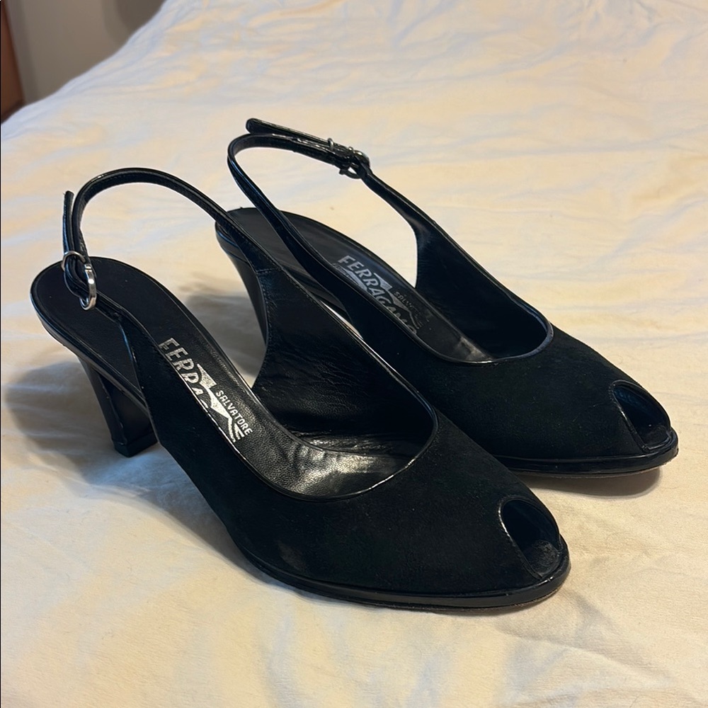 Salvatore Ferragamo Black Chunky Heel Slingbacks